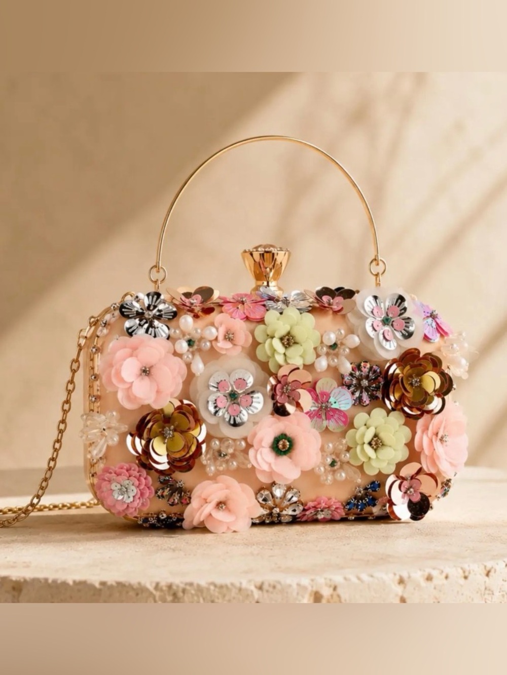 3D Floral Evening Clutch Bag Pearl Sequin Embellished Wedding Purse  Handbag